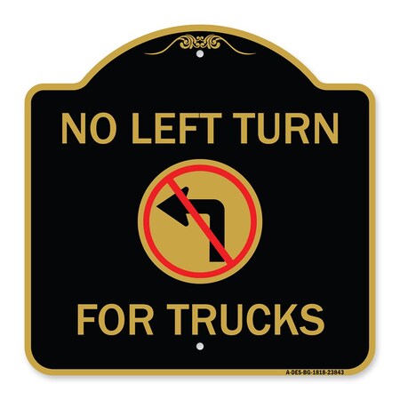 Signmission No Left Turn for Trucks W/ Graphic, Black & Gold Aluminum Sign, 18" x 18", BG-1818-23843 A-DES-BG-1818-23843